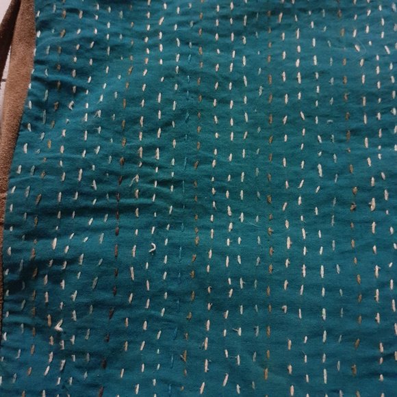 Noonday Collection Kantha Foldover Crossbody Bag Suede Leather Cotton BrownBlue - Picture 10 of 16